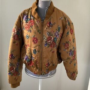 Vintage United Colors Of Benetton Floral Bomber Jacket - Tan (size 48)